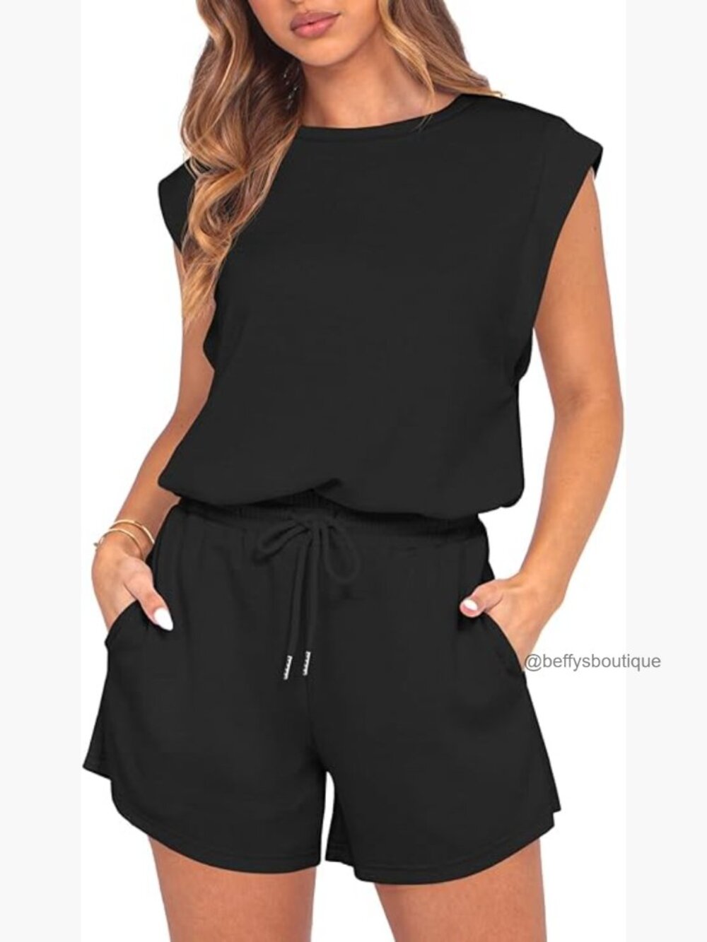 Cap Sleeve Lounge Short Jumpsuit With Pockets Drawstring Waist